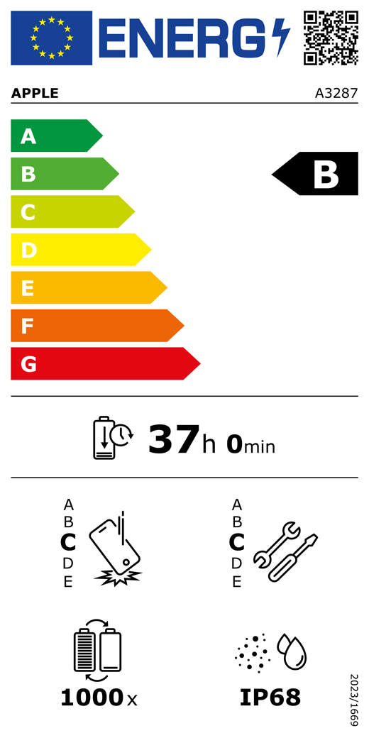 QR код и информация за енергийния етикет на ЕС, Apple модел A3287, клас B, класове за енергийна ефективност (със скала от A до G), A (най-ефективен) до G (най-нискоефективен), издръжливост на батерията за цикъл, 37 часа и 0 минути при пълно зареждане на батерията, клас на надеждност при многократно свободно падане C, A (най-издръжлив) до E (най-малко издръжлив), клас на поправимост C, A (най-поправим) до E (най-малко поправим), 1000 цикъла издръжливост на батерията, рейтинг на защита от проникване на прах и вода IP68, регламент 2023/1669
