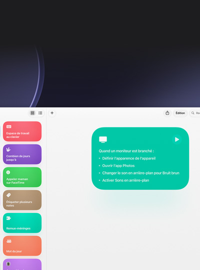 Écran de Raccourcis sur Mac, instructions pour exécuter certaines tâches à la connexion d’un moniteur