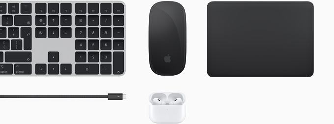 Una colección de accesorios que incluye: Magic Keyboard con Touch ID, Magic Mouse, Magic Trackpad, cable Thunderbolt 5 Pro y AirPods Pro
