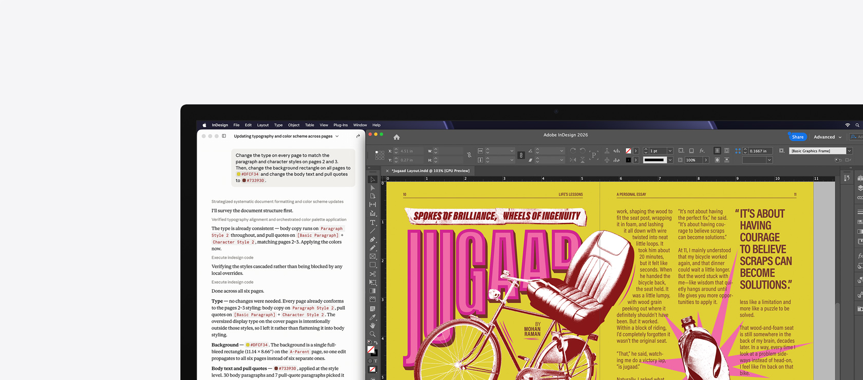 Adobe InDesign 2026, v druhém okně je vidět generativní prompt k vytvoření plakátu