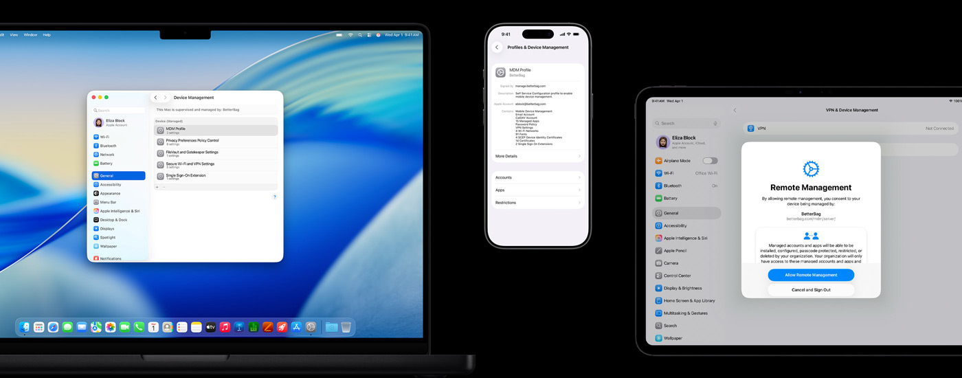 A display of three Apple devices: on the left, a Mac computer shows a Device Management window. In the centre, an iPhone displays MDM (Mobile Device Management) profile settings. On the right, an iPad presents a Remote Management window.