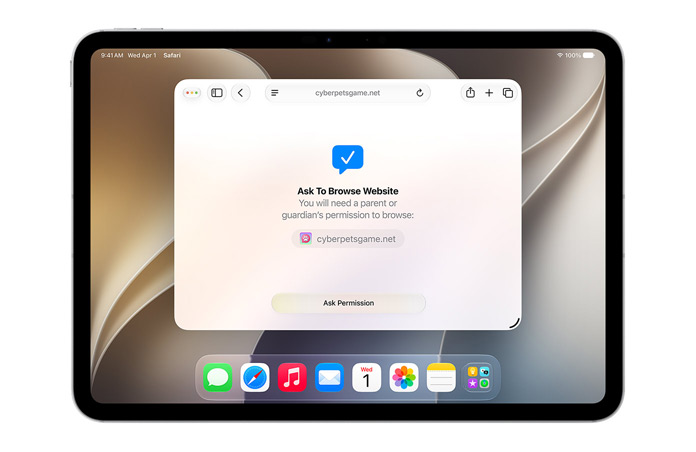 iPad con l’interfaccia della funzione “Chiedi di navigare”, e un messaggio che invita l’utente a richiedere l’autorizzazione a navigare usando il pulsante “Chiedi permesso”.