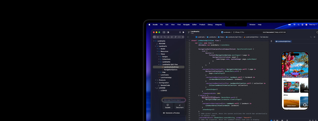 Xcode in esecuzione su Mac con l’assistente AI di programmazione Claude Agent e l’anteprima di un’app su iPhone