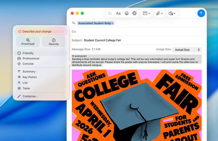 Email di un’università aperta in Mail su Mac, con gli Strumenti di scrittura di Apple Intelligence e le opzioni per correggere il testo o modificarne il tono