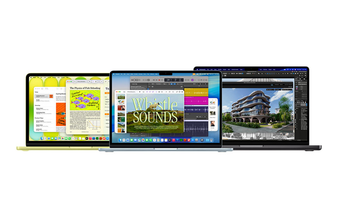 MacBook Neo giallo agrume, MacBook Air color argento e MacBook Pro nero siderale che mostrano l’ampia varietà di prestazioni della famiglia Mac