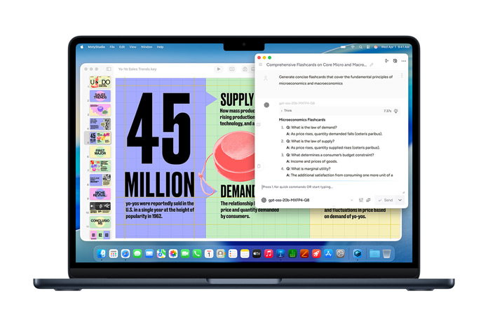 Et skærmbillede fra Msty Studio på MacBook med huskekort om mikroøkonomi, der viser AI-funktioner på enheden