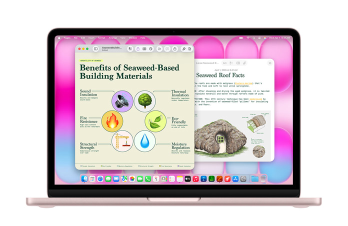 MacBook Neo med åbne Pages- og Noter-apps viser præsentationer om tagkonstruktioner med tang for at fremhæve ydeevnen