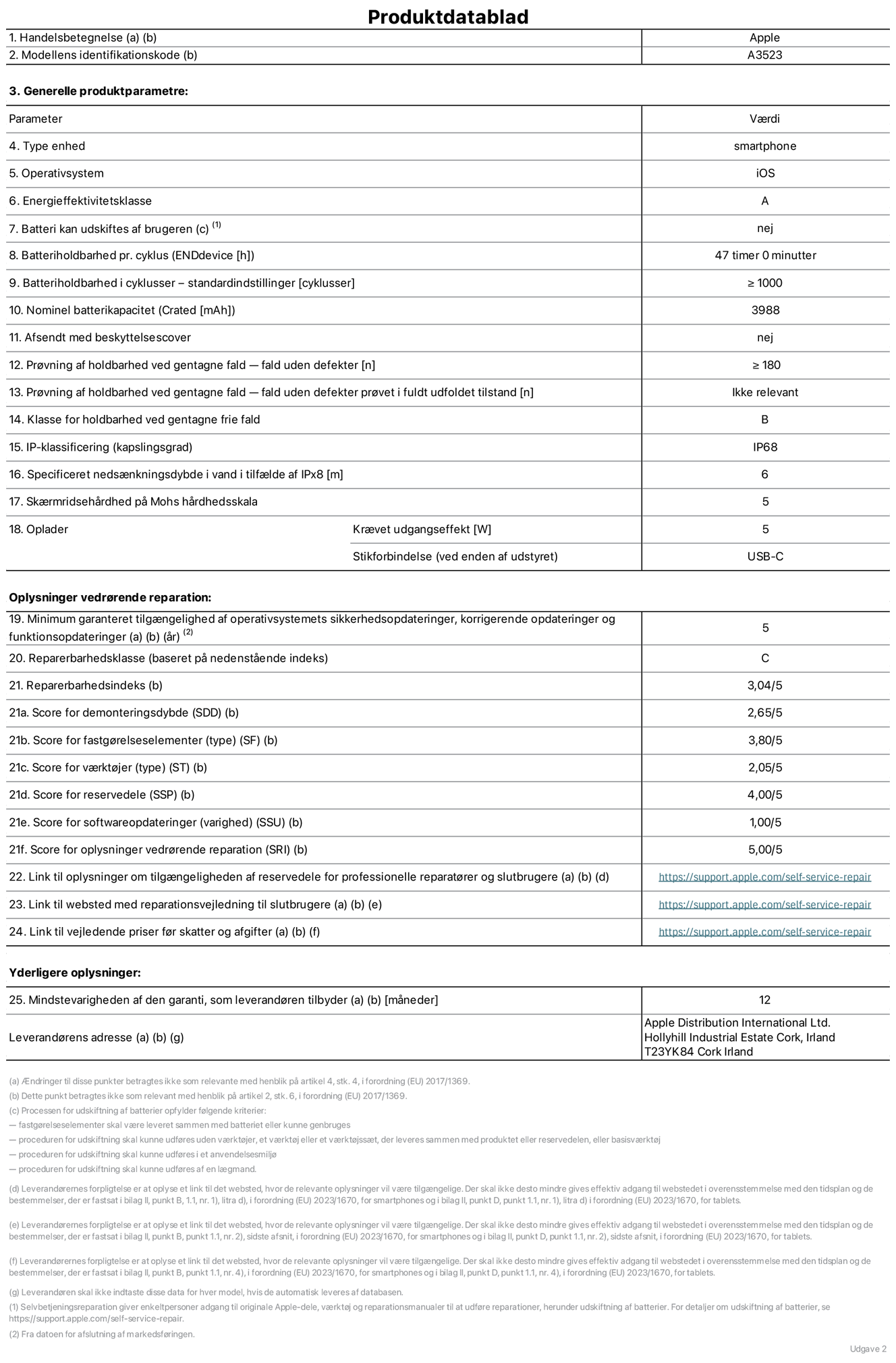 Produktdatablad til iPhone 17 Pro, model A3523. Leveret af Apple Distribution International Limited, Hollyhill Industrial Estate. Cork, Irland, T23 YK84. Enhedstype: smartphone. Styresystem: iOS. Energieffektivitetsklasse: A. Batteri kan udskiftes af brugeren: nej. Batteritid pr. cyklus: 47 timer. Batterilevetid i cyklusser – standardindstillinger: ≥ 1000. Nominel batterikapacitet: 3988 mAh. Leveres med beskyttelsescover: nej. Holdbarhedstest ved gentagne fald – fald uden defekt: ≥ 180. Holdbarhedstest ved gentagne fald – fald uden defekt testet i fuldt udfoldet tilstand: ikke relevant. Holdbarhedsklasse ved gentagne fald: B. Kapslingsklasse: IP68. Angivet nedsænkningsdybde i vand ved IPx8: 6 meter. Skærmens ridsefasthed på Mohs' hårdhedsskala: 5. Påkrævet udgangseffekt for oplader: 5 watt. Opladerstiktype (på enheden): USB-C. Garanteret minimumsperiode for tilgængelighed af sikkerhedsopdateringer, fejlrettelser og funktionsopdateringer til styresystemet: 5 år. Reparerbarhedsklasse: C. Reparationsindeks: 3,04/5. Score for demonteringsdybde (SDD): 2,65/5. Score for fastgørelseselementer: 3,80/5. Score for værktøj: 2,05/5. Score for reservedele: 4,00/5. Score for softwareopdateringer: 1,00/5. Score for reparationsoplysninger: 5,00/5. Weblink til oplysninger om tilgængeligheden af reservedele for professionelle reparatører og slutbrugere: https://support.apple.com/da-dk/self-service-repair. Weblink til vejledning i reparation for slutbrugere: https://support.apple.com/da-dk/self-service-repair. Weblink til vejledende priser før skatter og afgifter: https://support.apple.com/da-dk/self-service-repair. Produktet er omfattet af 12 måneders garanti.
