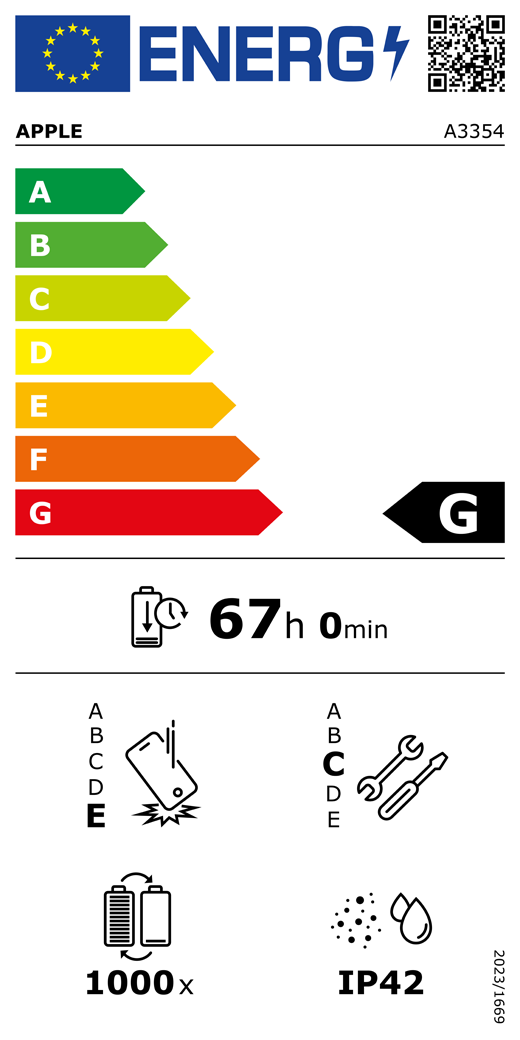 Étiquette énergétique de l’UE, code QR et informations, modèle Apple A3354, classe G, classes d’efficacité énergétique (échelle allant de A à G), A (la plus élevée) à G (la plus basse), endurance de la batterie par cycle, 67 heures et 0 minute par charge complète de la batterie, résistance aux chutes répétées de classe E, A (plus résistante) à E (moins résistante), réparabilité de classe C, A (plus réparable) à E (moins réparable), endurance de la batterie de 1 000 cycles, indice de protection IP42 pour la poussière et l’eau, règlement 2023/1669