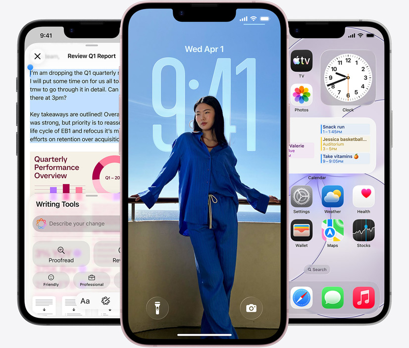 Vooraanzicht van drie exemplaren van iPhone 17e, schermafbeelding met Schrijfhulp in actie, Toegangsscherm met een foto van een persoon en de Berichten-app waarin berichten via satelliet worden verstuurd