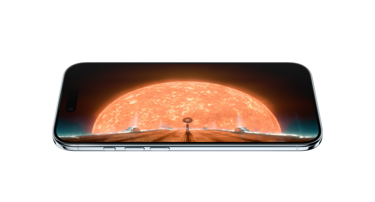 iPhone Air, fra forsiden, fra siden, viser et stillbilde av en scene fra Apple TV-serien Foundation