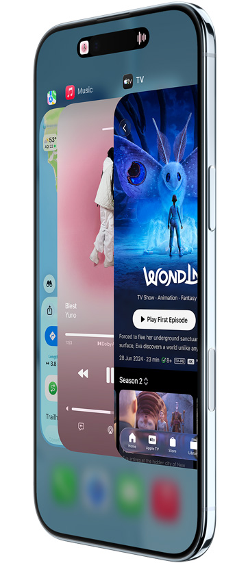 iPhone Air, fra forsiden, fra siden, med appene Kart, Musikk og Apple TV, viser Appveksler-funksjonen i bruk