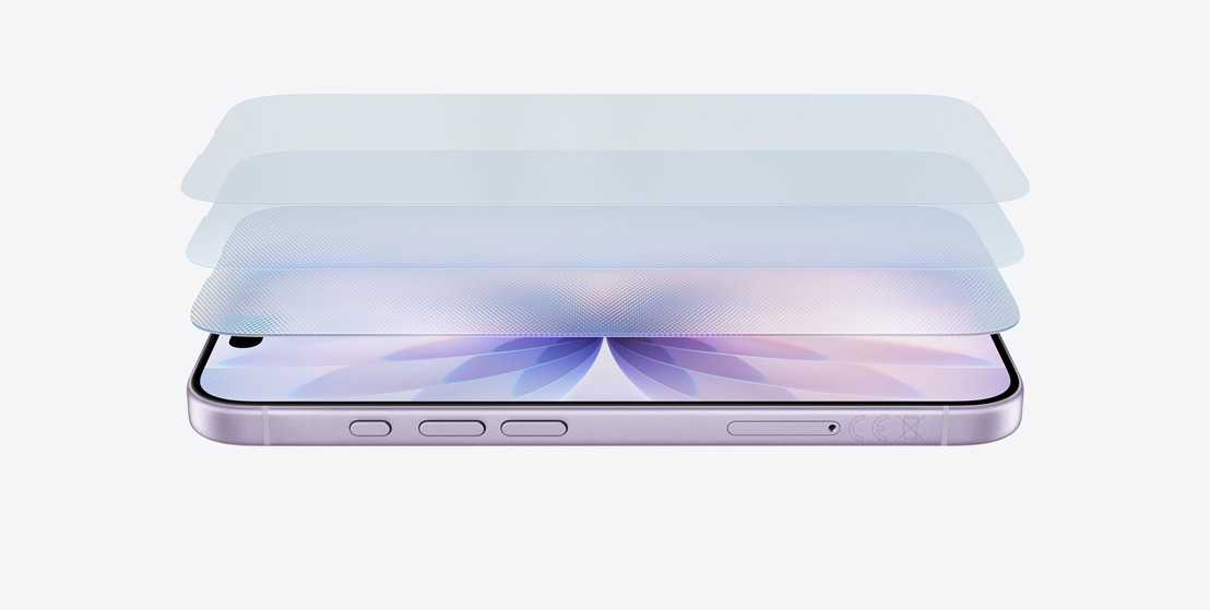 iPhone 17 lavanda in orizzontale, con una rappresentazione grafica dei vari strati del Ceramic Shield 2