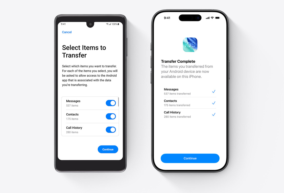 Android og iPhone vises side om side, begge skærme viser appen Flyt til iOS