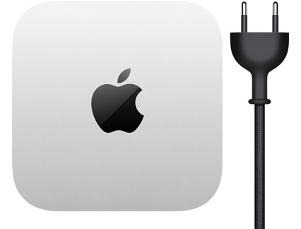 Mac mini, top, silver aluminum, square, rounded corners, glossy black Apple logo centered, black power cord with two-prong power plug