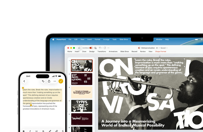 iPhone 16 Plus med markerad text i appen Anteckningar, MacBook Air med en PowerPoint-presentationsbild öppen, text från appen Anteckningar syns på presentationsbilden
