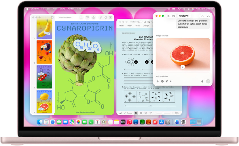 MacBook Neo rosa pastello, lo schermo mostra ChatGPT che genera l’immagine di un pompelmo; altre finestre contengono un documento Keynote sui composti molecolari con immagini di frutta e verdura, e un documento Microsoft Word correlato