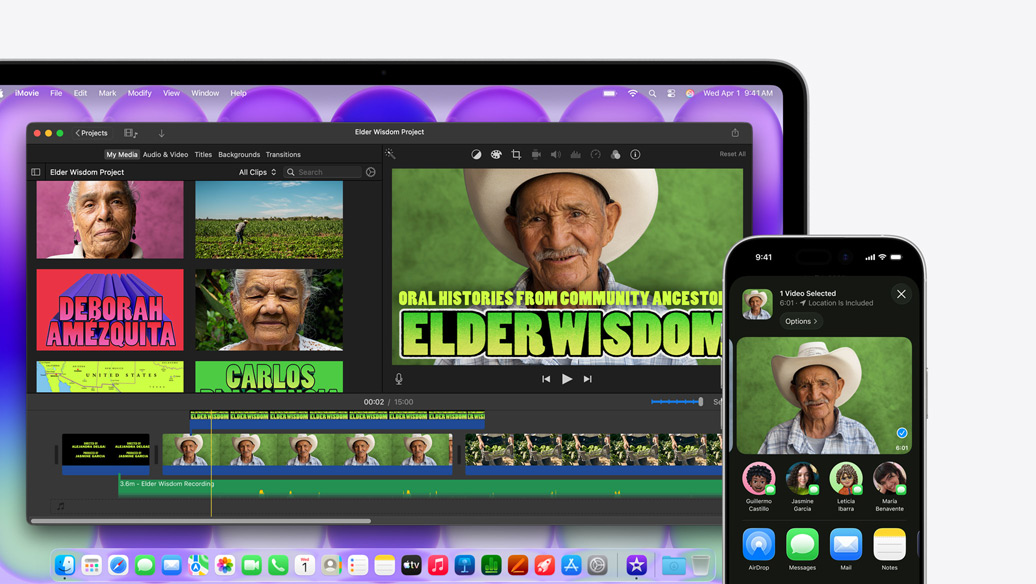 MacBook Neo color argento che mostra la finestra di un progetto iMovie sulla saggezza degli anziani, accanto a un iPhone che mostra il video di una delle persone ritratte nella finestra di iMovie; sotto il video c’è un elenco di opzioni di condivisione, tra cui AirDrop