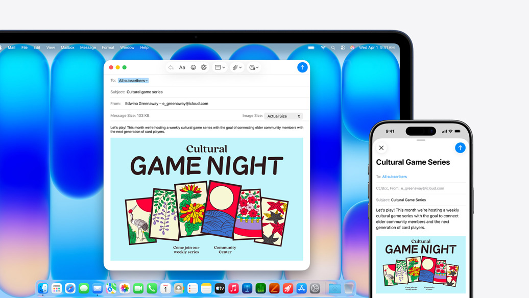 MacBook Neo, color indaco accanto a un iPhone, entrambi gli schermi mostrano la stessa email che annuncia un evento in un centro civico