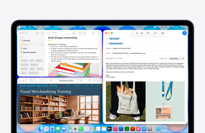 MacBook Neo indaco, sullo schermo un’email di benvenuto per una persona che ha appena iniziato a lavorare in una libreria; le altre finestre disposte a mosaico contengono un documento di Note sull’onboarding e il portale web per il personale della libreria aperto su Safari