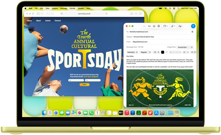 MacBook Neo giallo agrume, mani sulla tastiera, l’utente sta componendo un’email con l’invito a un evento sportivo, il sito web dell’evento è aperto accanto