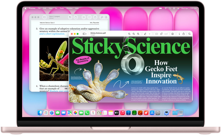 MacBook Neo rosa pastello, lo schermo mostra un articolo sulla biomimetica e un test sullo stesso argomento