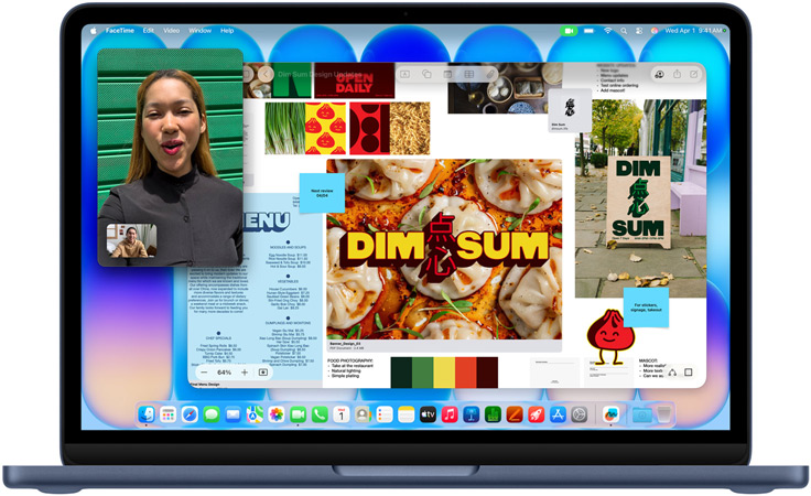 MacBook Neo indaco, videochiamata in corso, finestra di Freeform con un menu, fotografie di cibo e illustrazioni per un ristorante di dim sum