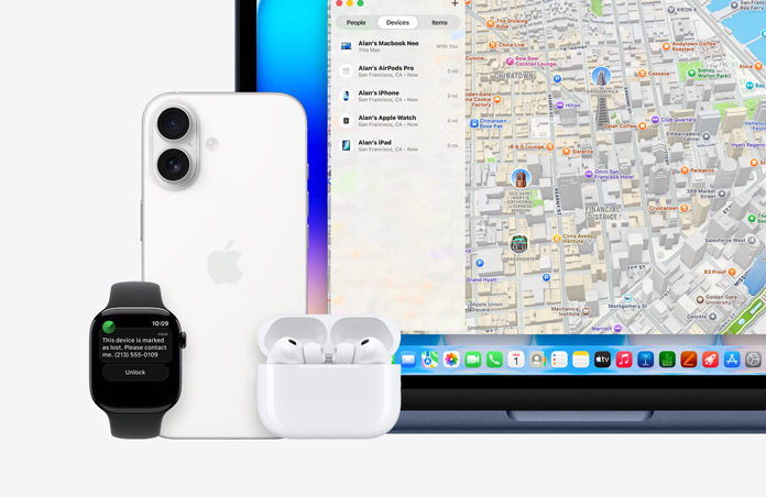 Apple Watch con il messaggio “Questo dispositivo è stato smarrito. Per favore, contattami” e un numero di telefono, accanto a un iPhone, un paio di AirPods Pro e un MacBook Neo indaco che mostra l’app Dov’è con una mappa e un elenco di dispositivi con le loro posizioni