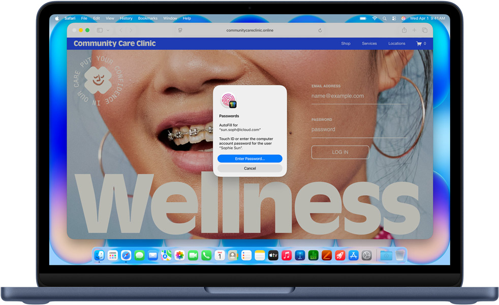 MacBook Neo indaco, Safari sta chiedendo all’utente di accedere con il Touch ID o la password al sito di un ambulatorio medico