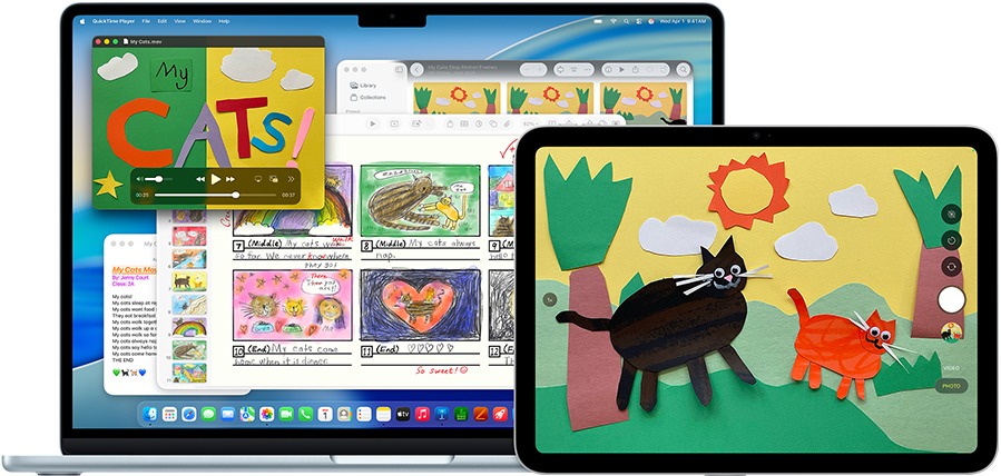 Mac 和 iPad 正顯示別具質感的動物圖像創意簡報，展示裝置的多功能性