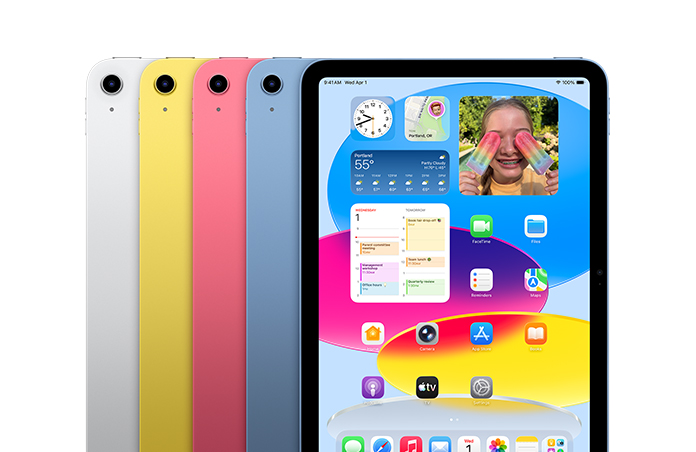 四種顏色的 iPad 裝置排成一列，分別為銀色、黃色、粉紅色、藍色，螢幕顯示背景圖片和各款 app