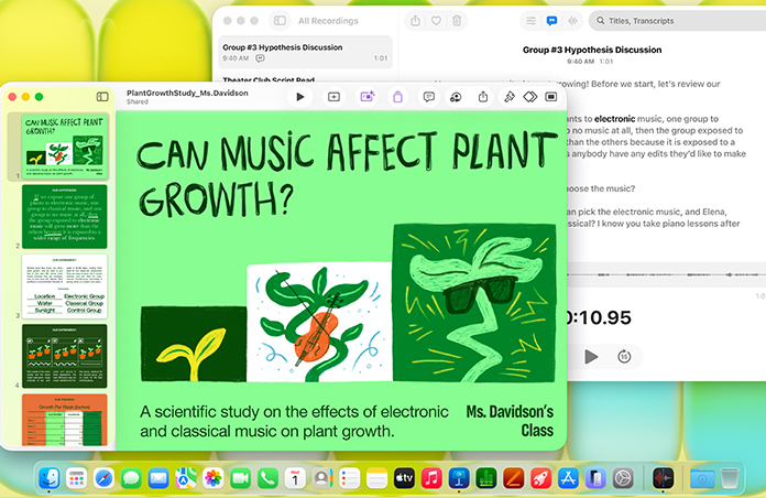 Mac 畫面顯示名為「Can Music Affect Plant Growth?」的 Keynote 簡報，旁邊是錄音機的轉寫記錄，彰顯裝置的多功能性