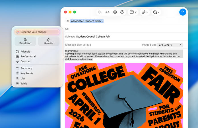 A college fair email in Mail on Mac, with Apple Intelligence Writing Tools open, and options to proofread or rewrite the tone