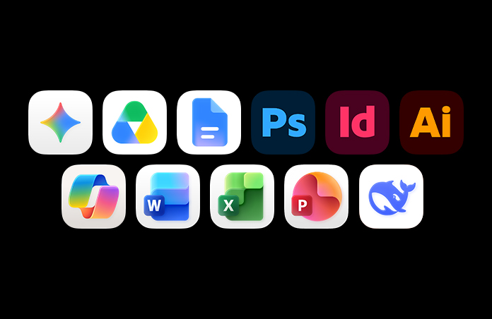 Row of icons including Google Gemini, Google Drive, Google Docs, Adobe Photoshop, Adobe InDesign, Adobe Illustrator, Microsoft Copilot, Microsoft Word, Microsoft Excel, Microsoft Powerpoint, Claude
