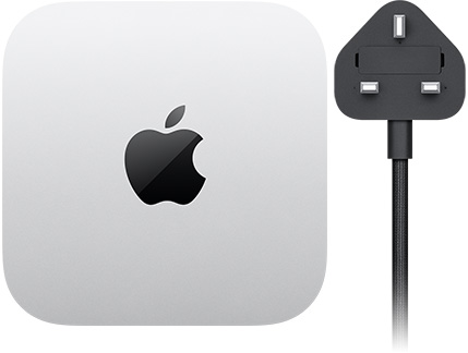 Mac&nbsp;mini 俯視圖，銀色鋁金屬方形機身，採用圓角設計，黑色光面 Apple 標誌位於中央，黑色電源線連接兩腳插頭
