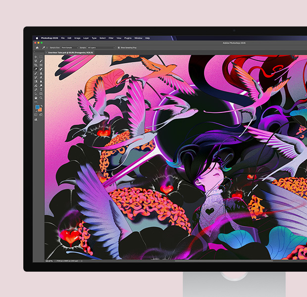 Studio Display, perangkat lunak pengeditan Adobe Photoshop, karya seni abstrak ditampilkan di layar