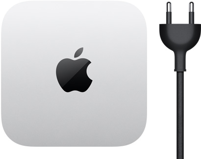 Mac mini, top, silver aluminum, square, rounded corners, glossy black Apple logo centered, black power cord with two-prong power plug