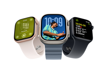 Three Apple Watch devices: Apple Watch Series 11, rose gold color, aluminum case, Apple Music, playlist controls, right side exterior, Digital Crown, light blush color Sport Band, silver pin-and-tuck closure, Apple Watch Ultra 3, natural color, titanium case, edge-to-edge display, photo overlaid on time, right side exterior, Digital Crown, anchor blue color Ocean Band, tubular fluoroelastomer rubber, Apple Watch SE 3, aluminum case, midnight color, right side exterior, Digital Crown, advanced Outdoor Run workout metrics
