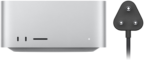 Mac Studio, front, two USB-C ports, SDXC card slot, status indicator light, tapered base at bottom, flat top, rounded sides, straight edges, silver color, black power cord with three-prong power plug