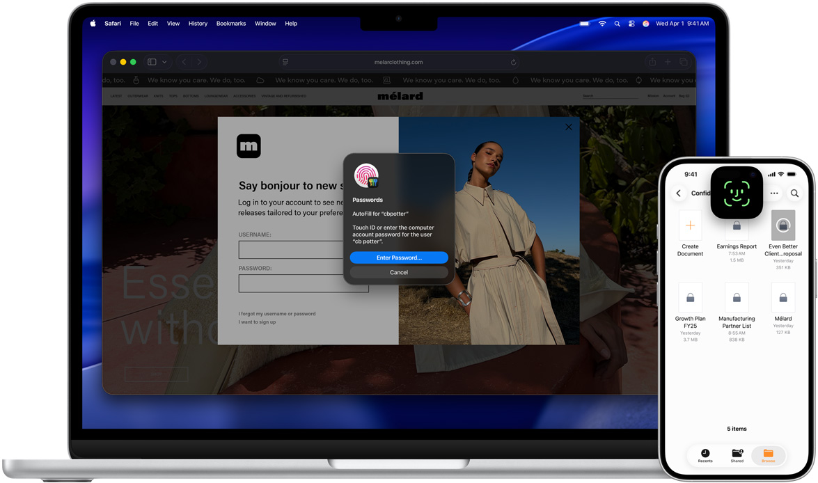 MacBook featuring Touch ID window, with macOS Tahoe wallpaper. In front of the MacBook is an iPhone featuring Face ID screen.