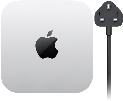 Mac mini, top, silver aluminum, square, rounded corners, glossy black Apple logo centered, black power cord with two-prong power plug