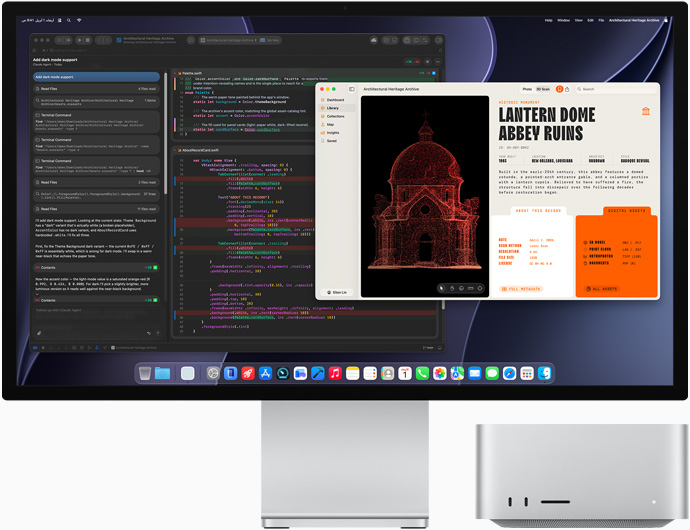 شاشة Studio Display XDR، شاشة تعرض مستنداً قيد المعالجة باستخدام Claude Agent في XCode، جهاز Mac Studio، الجهة الأمامية
