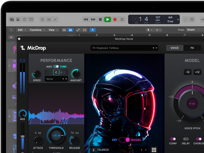 محتوى على شاشة يعرض برنامج MicDrop وهو يستخدم ميزات الذكاء الاصطناعي لتعديل تسجيل صوتي على MacBook Pro‏