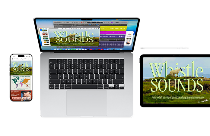 Mac、iPhone 及 iPad 的螢幕均顯示相同的 Whistle Sounds 專案，體現 Apple 裝置之間合作無間