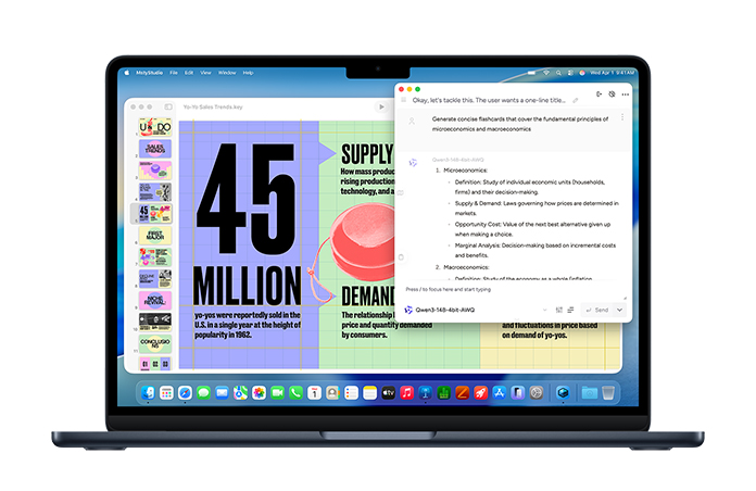 MacBook 顯示 Msty Studio 畫面，當中是微觀經濟學記憶卡，展示裝置端 AI 功能