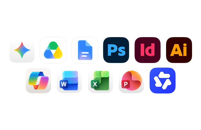 一列圖像，包括 Gemini、Google Drive、Google Docs、Adobe Photoshop、Adobe InDesign、Adobe Illustrator、Microsoft Copilot、Microsoft Word、Microsoft Excel、Microsoft PowerPoint 及千問