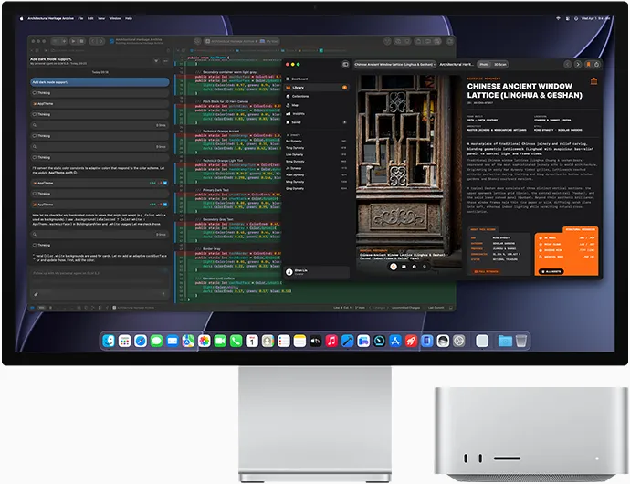 Studio Display XDR，螢幕顯示 LM Studio 內正在處理的文件；Mac Studio 正面