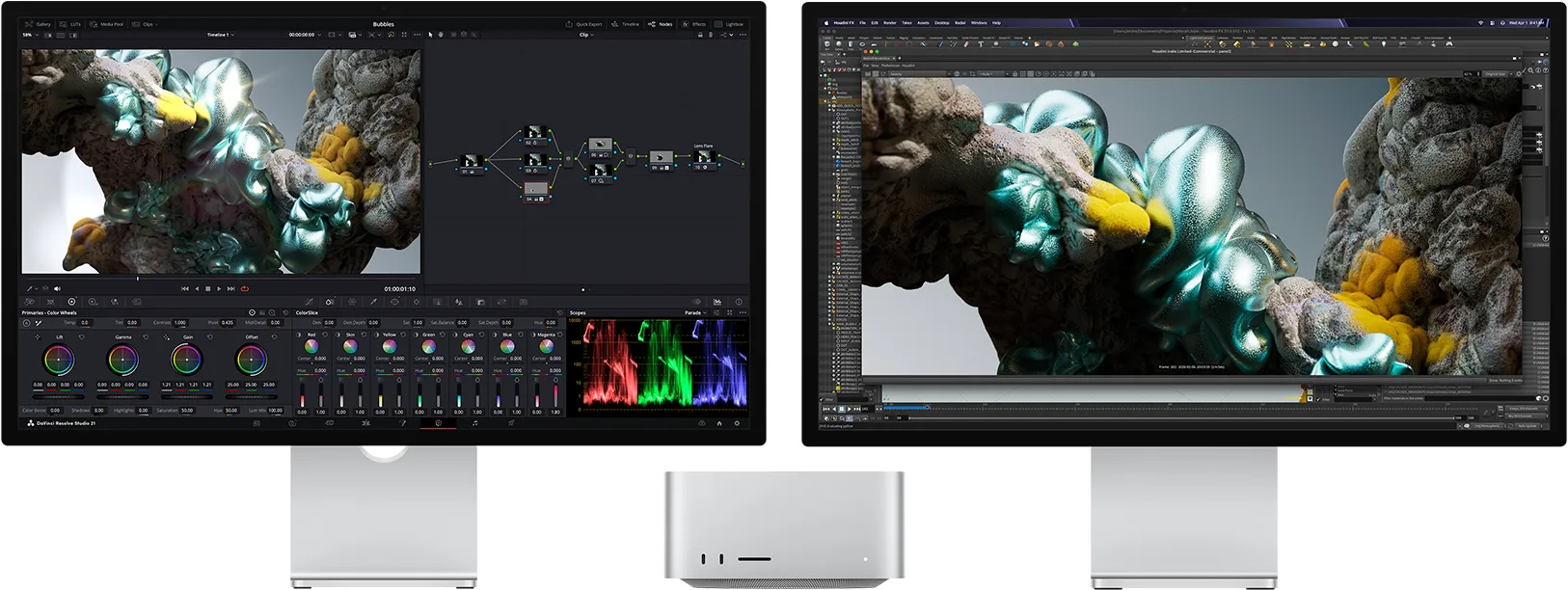 Studio Display，螢幕顯示 DaVinci Resolve Studio，以及放大的多彩抽象圖像；Mac Studio 正面； Studio Display XDR，螢幕顯示 Houdini 及 Maxon Redshift，並呈現同一圖像的放大畫面