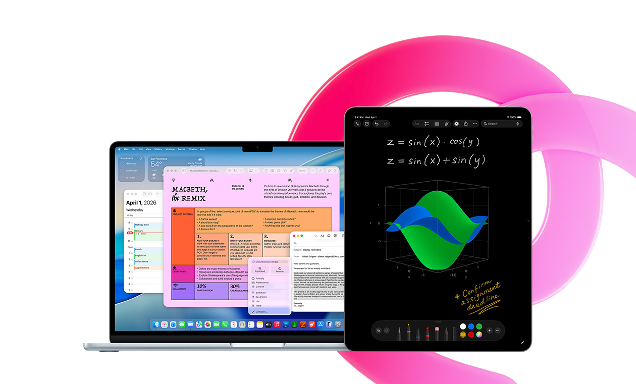 MacBook Air shows Pages, Calendar, Alert and Mail alongside an iPad that shows handwritten equations in Math Notes, demonstrating productivity with built-in apps