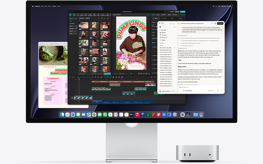 Mac&nbsp;mini front, tucked under Studio&nbsp;Display, screen shows Perplexity Personal Computer, CapCut and Pages running in macOS environment